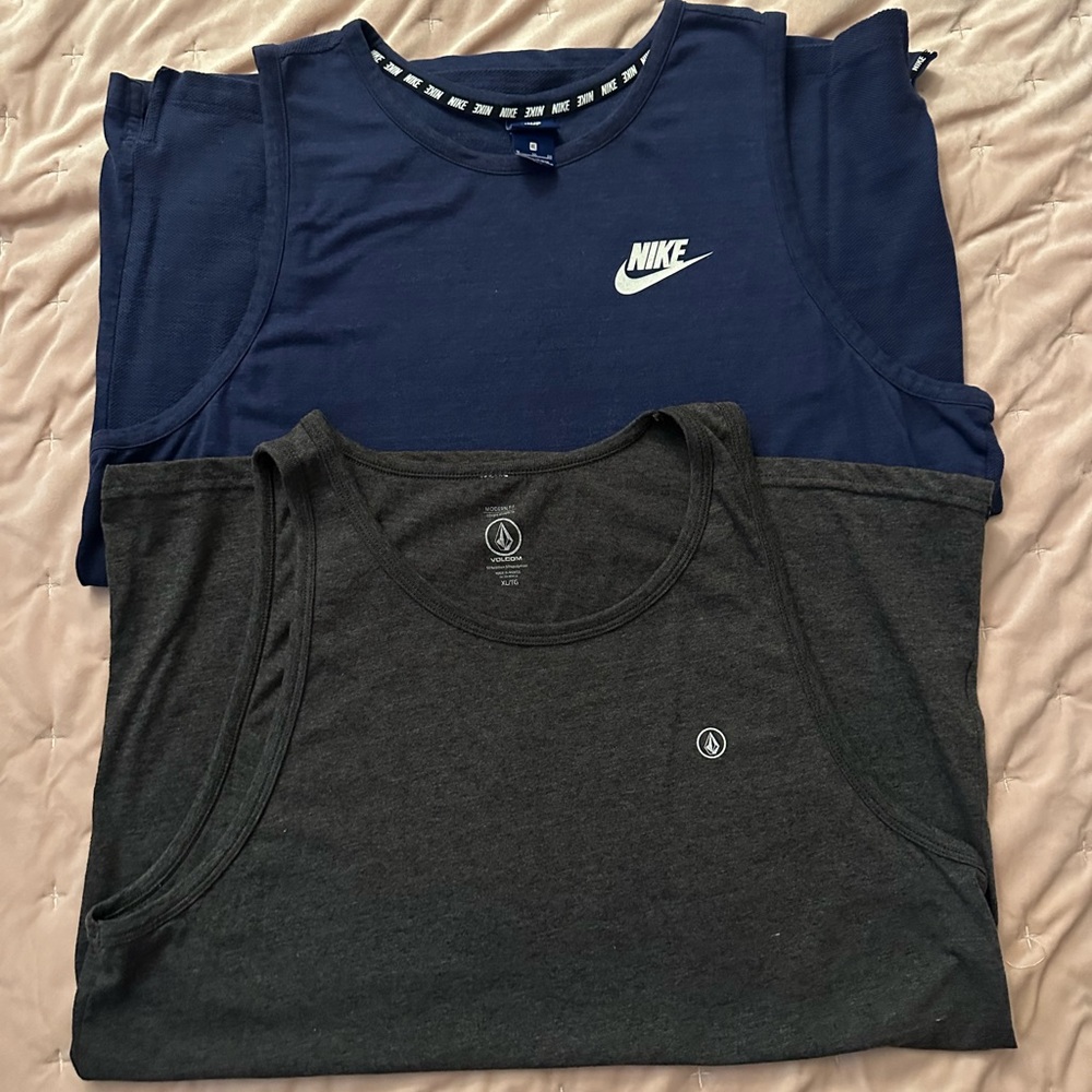 Bundle of 2 Sleeveless Muscle Tees: Nike Blue Tank Top and Gray Volcom Tank Top